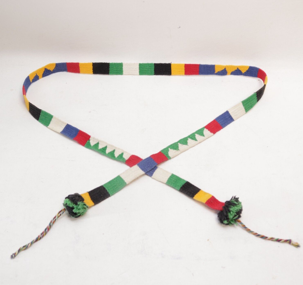 Vintage India Tie Belt Women Large Skinny Multicolor Colorblock Pom Pom Tie